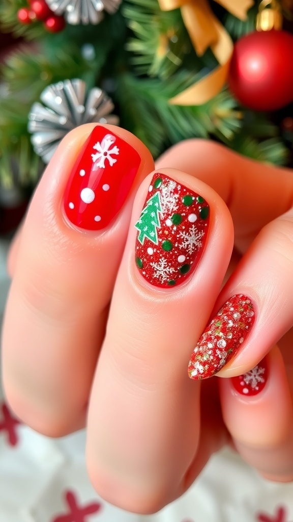 Festive holiday nails with red, green, and glitter designs, showcasing Christmas and New Year